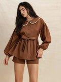 Peter Pan Collar Balloon Sleeve Top and Shorts Set - Trendsi