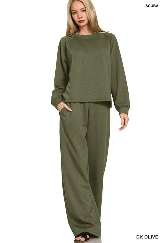 Zenana Scuba Crewneck Sweatshirt and Pants Set - Trendsi - Flyclothing LLC