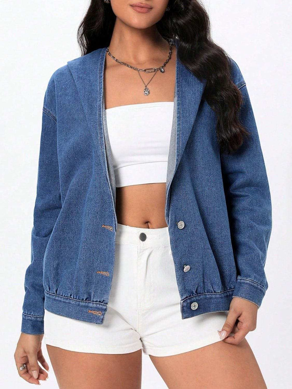Button Up Hooded Denim Top - Trendsi - Flyclothing LLC