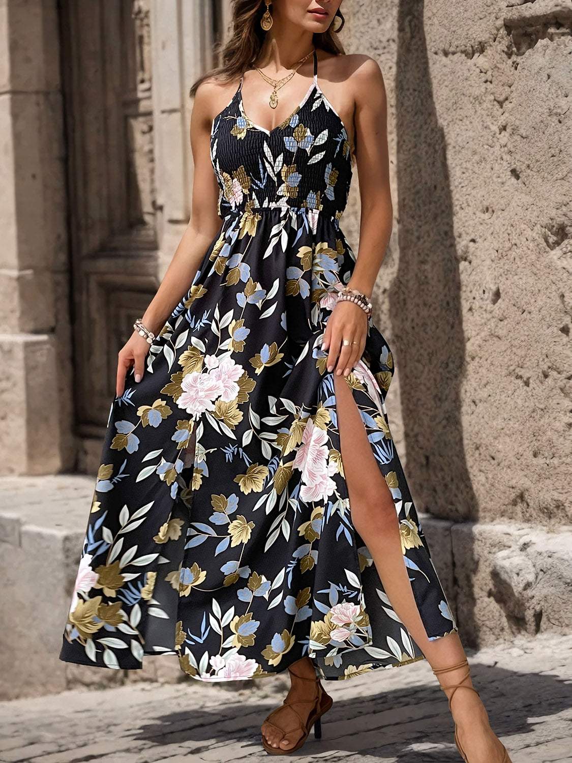 Slit Smocked Printed Maxi Cami Dress - Trendsi - Flyclothing LLC