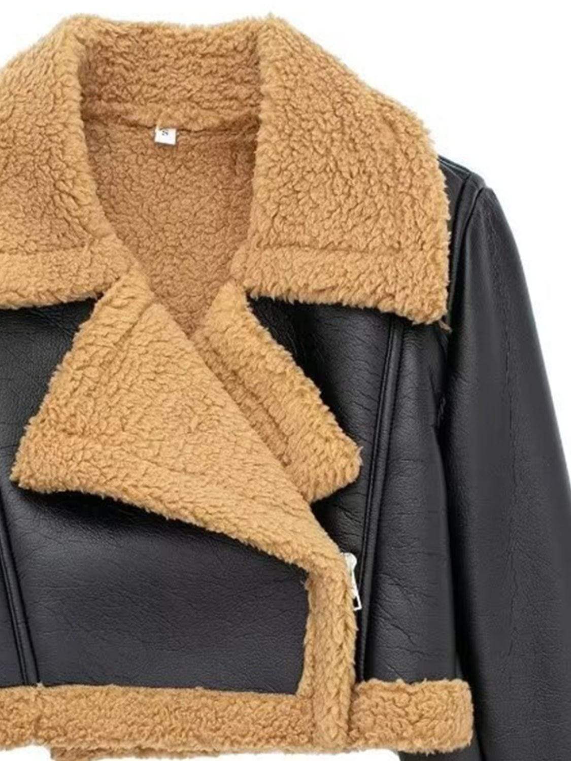 Collared Neck Long Sleeve Plush Cropped Jacket - Trendsi - Flyclothing LLC
