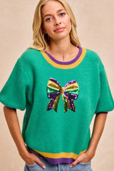 BiBi Mardi Gras Sequin Ribbon Patched Sweater - Trendsi - Flyclothing LLC
