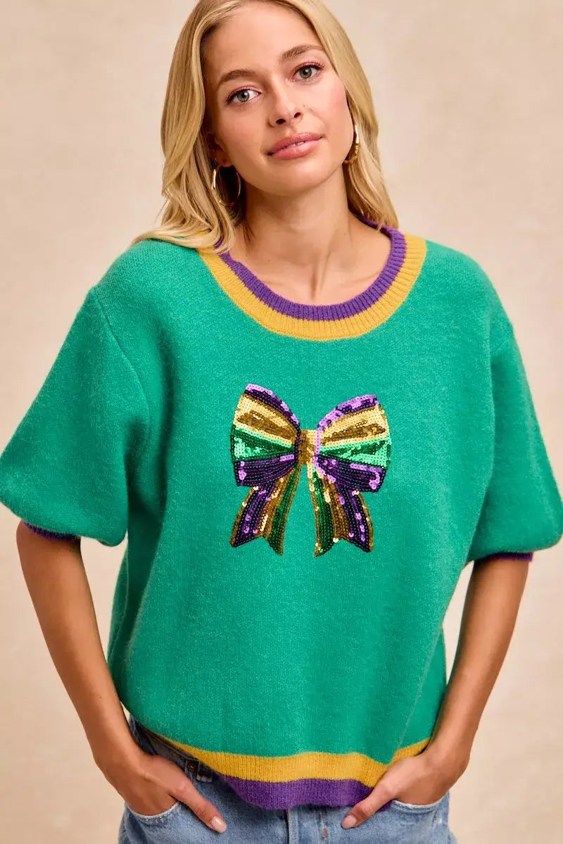 BiBi Mardi Gras Sequin Ribbon Patched Sweater - Trendsi - Flyclothing LLC