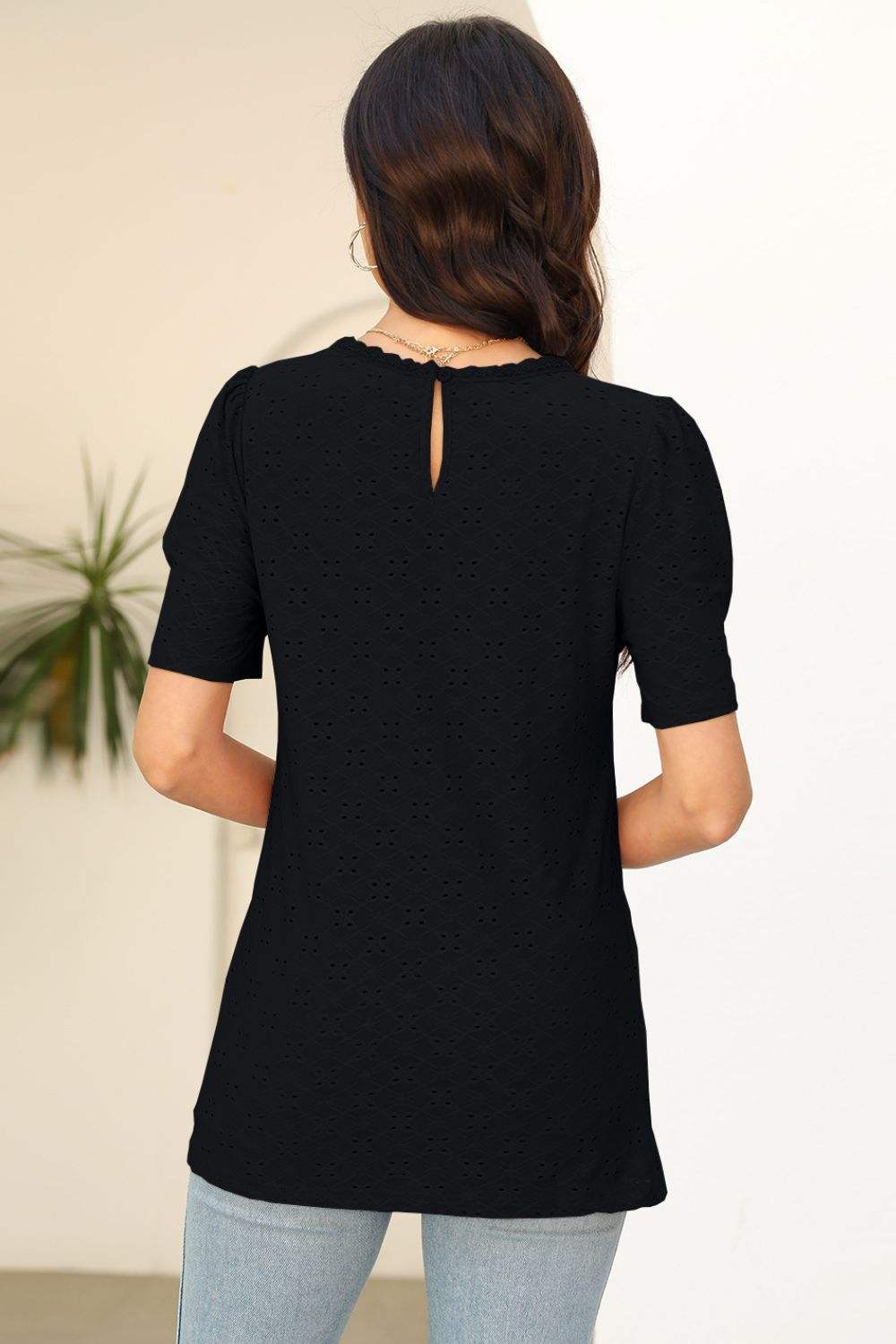 Eyelet Round Neck Short Sleeve T-Shirt - Trendsi - Flyclothing LLC
