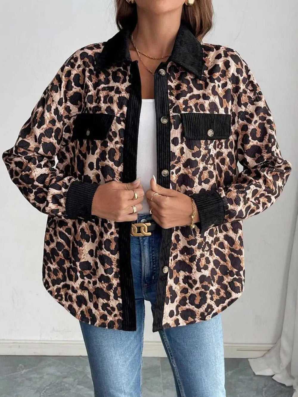 Leopard Collared Neck Button Up Shacket - Trendsi - Flyclothing LLC