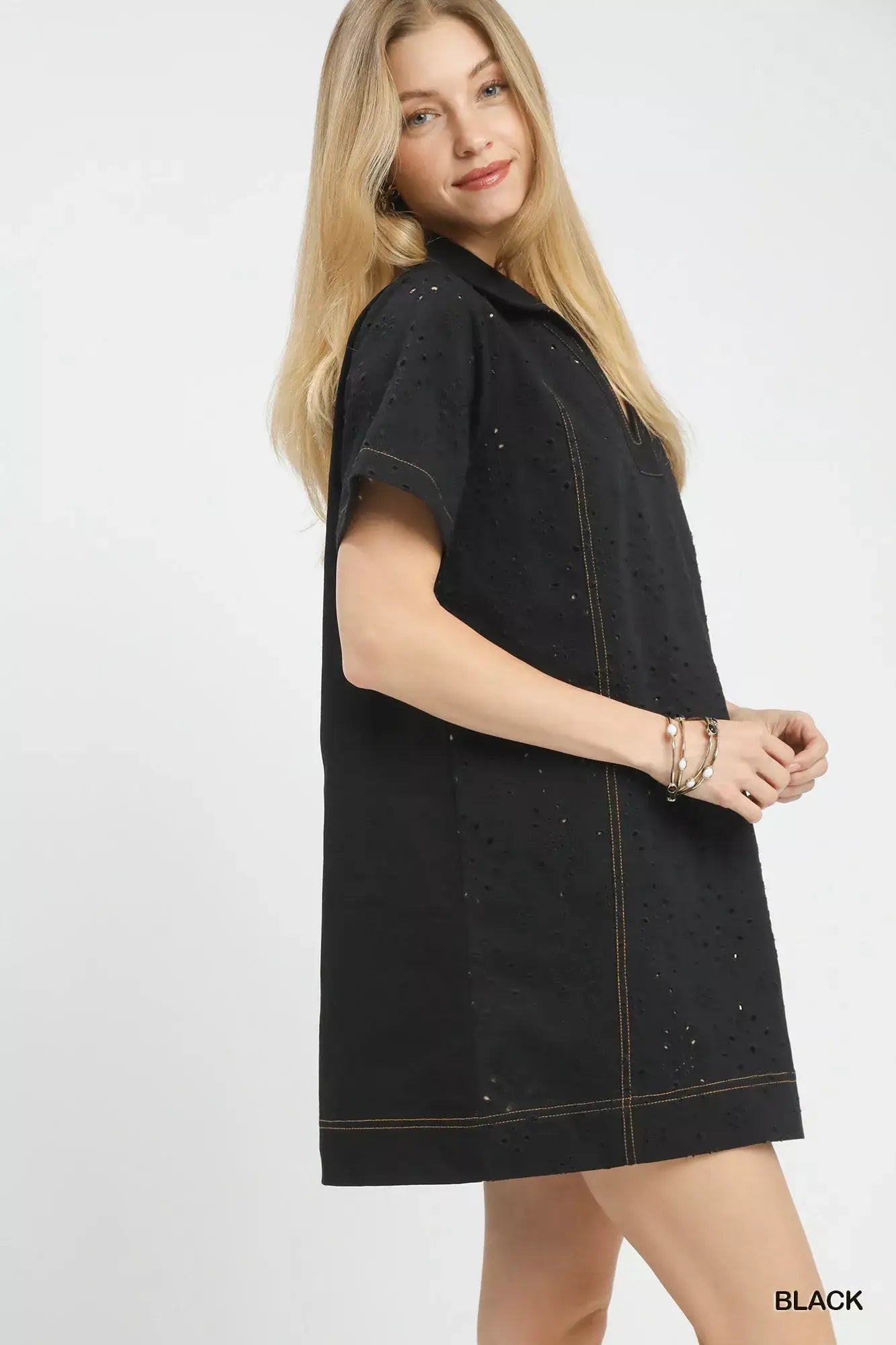 Umgee Eyelet Short Sleeve Shift Dress with Pocket - Trendsi - Flyclothing LLC