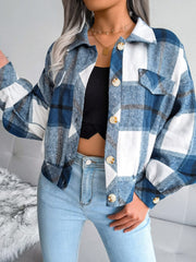 Plaid Collared Neck Long Sleeve Jacket - Trendsi