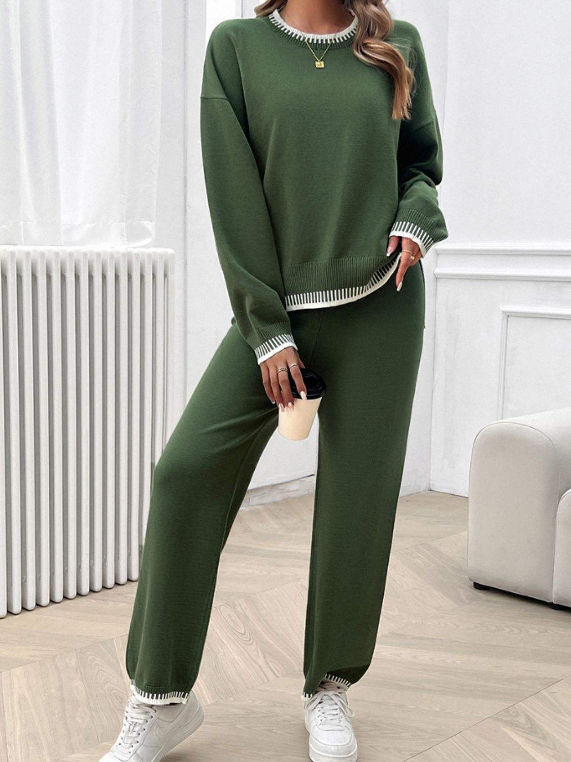 Round Neck Dropped Shoulder Top and Pants Sweater Set - Trendsi - Flyclothing LLC