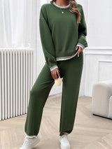 Round Neck Dropped Shoulder Top and Pants Sweater Set - Trendsi - Flyclothing LLC