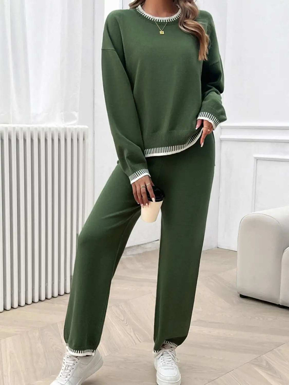 Round Neck Dropped Shoulder Top and Pants Sweater Set - Trendsi - Flyclothing LLC