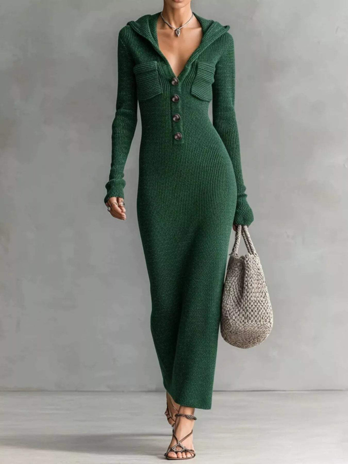Hooded Knit Maxi Dress with Button-Up Placket and Chest Pockets - Trendsi - Flyclothing LLC