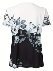 Full Size Printed Notched Short Sleeve Blouse - Trendsi