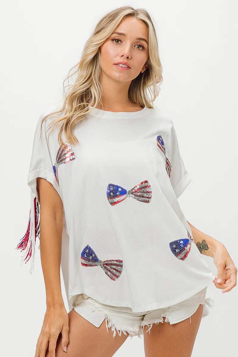 BiBi American Flag Sequin Ribbon T-Shirt - Trendsi - Flyclothing LLC