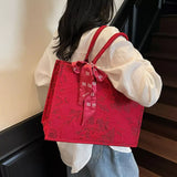 Floral Embossed Tote Handbag with Scarf Accent - Trendsi - Flyclothing LLC