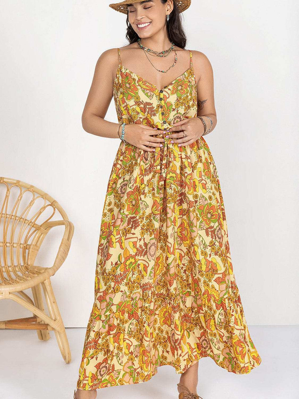 Plus Size Printed V-Neck Maxi Cami Dress - Trendsi - Flyclothing LLC