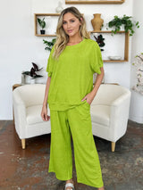 Double Take Full Size Texture Round Neck Short Sleeve T-Shirt and Wide Leg Pants - Trendsi - Flyclothing LLC