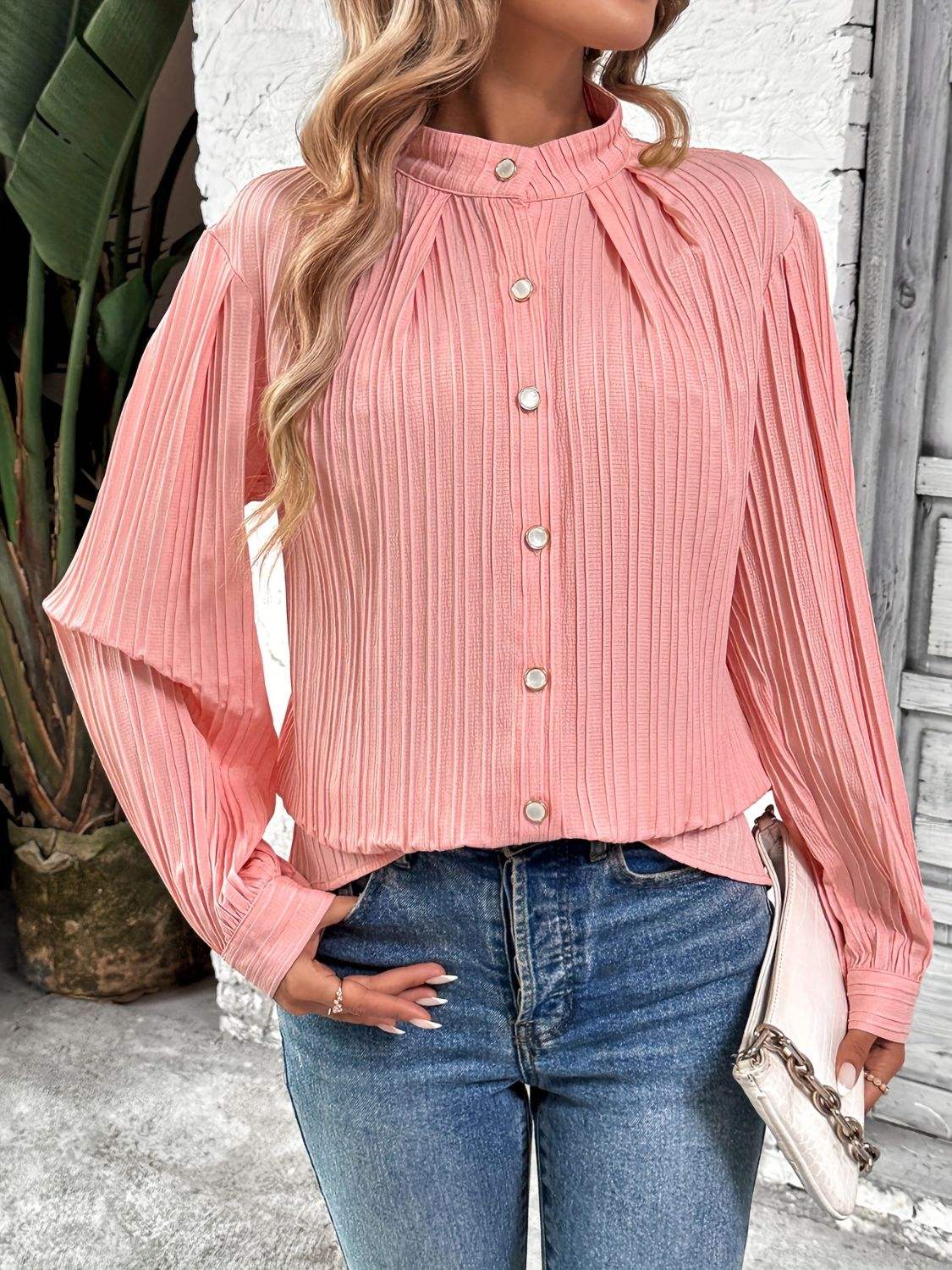 Button Down Mock Neck Long Sleeve Shirt - Trendsi - Flyclothing LLC