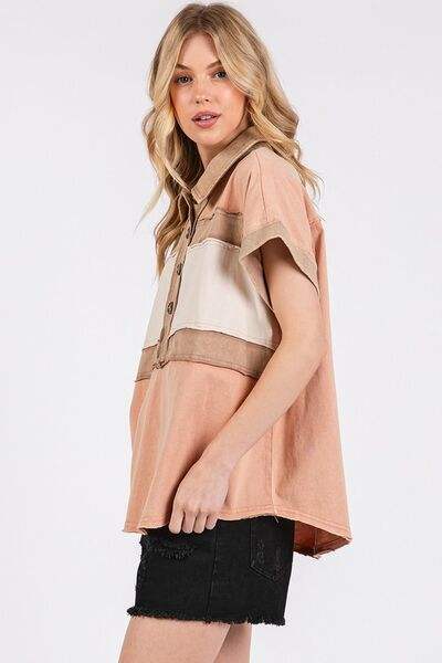Mittoshop Mineral Washed Half Button Polo Top - Trendsi - Flyclothing LLC