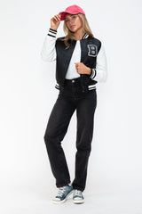 Love Me Now PU Leather Contrast Snap Down Bomber Jacket - Trendsi