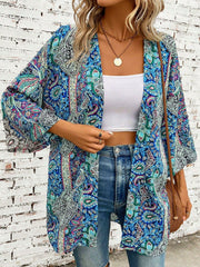 Printed Open Front Three-Quarter Sleeve Cover Up - Trendsi