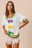 BiBi Short Puff Sleeve Ribbon Bow Mardi Gras Sweater - Trendsi - Flyclothing LLC