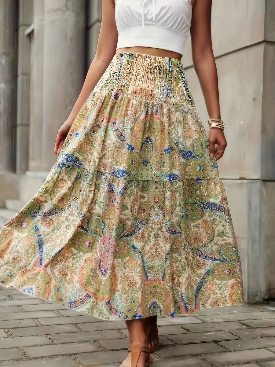 Smocked Printed High Waist Skirt - Trendsi - Flyclothing LLC