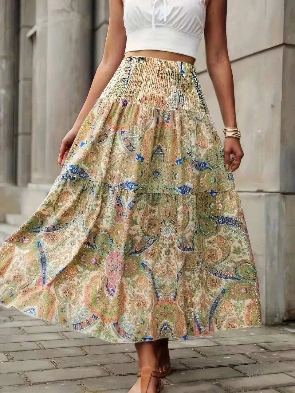 Smocked Printed High Waist Skirt - Trendsi