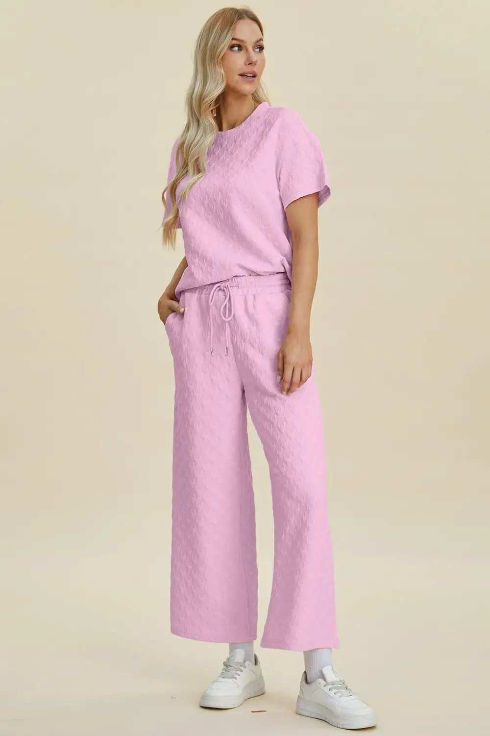 Double Take Full Size Texture Round Neck Short Sleeve Top and Pants Set - Trendsi - Flyclothing LLC