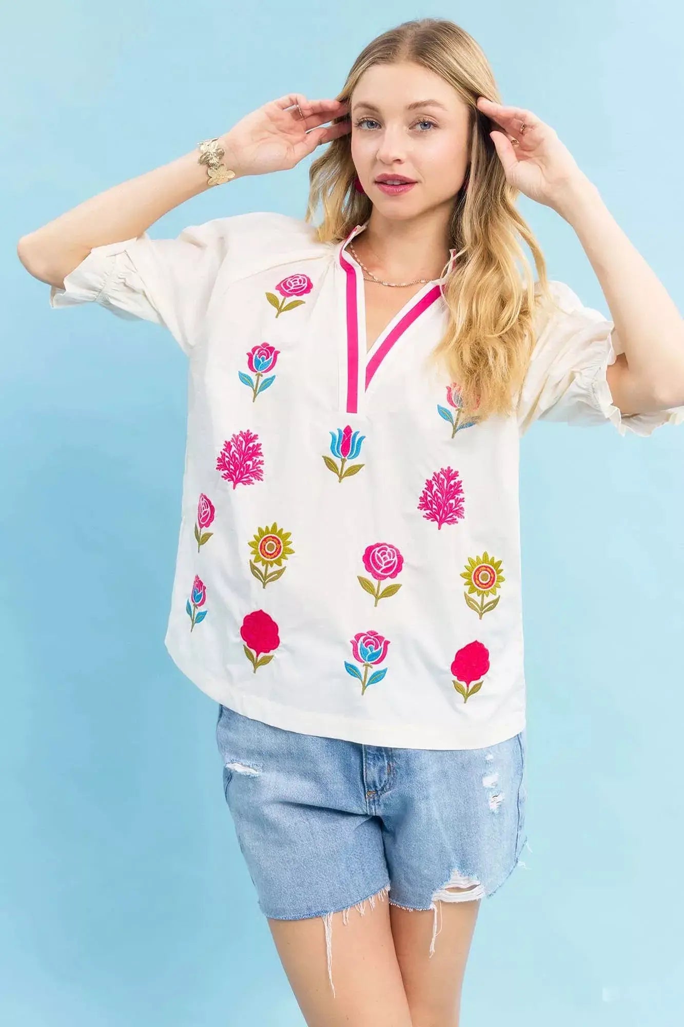 Umgee Embroidered Floral Top with Contrast Trim - Trendsi - Flyclothing LLC