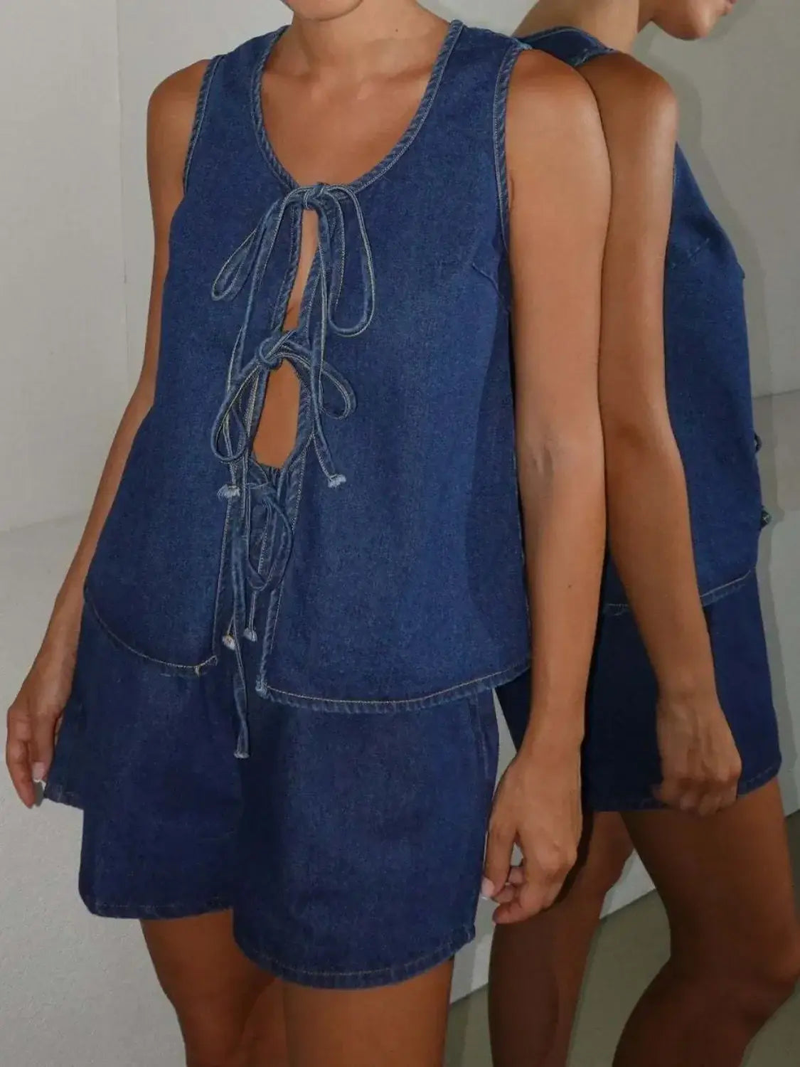 Tie Front Vest and Shorts Denim Set - Trendsi - Flyclothing LLC