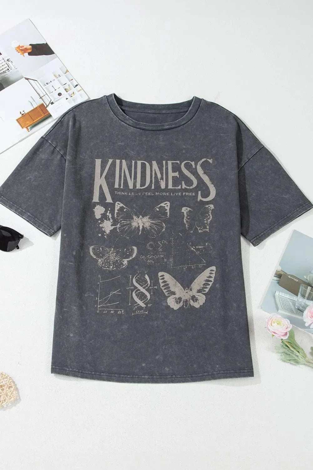 Kindness Butterflies Graphic Mineral Wash Loose Tee - Trendsi - Flyclothing LLC