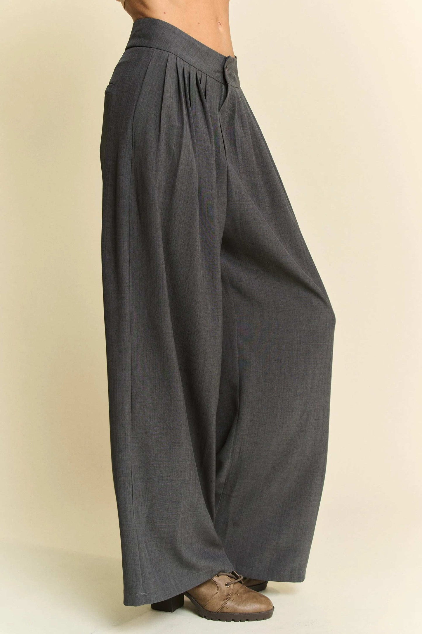 Davi & Dani Solid Back Pocket Shirring Detail Wide Leg Pants - Trendsi - Flyclothing LLC