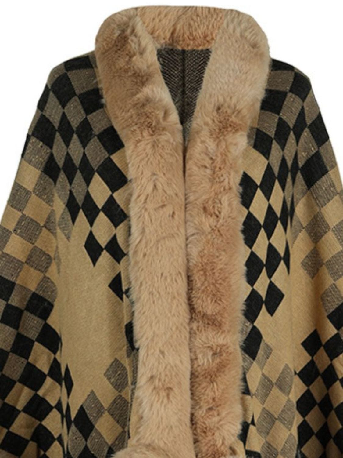 Fuzzy Checkered Long Sleeve Poncho - Trendsi