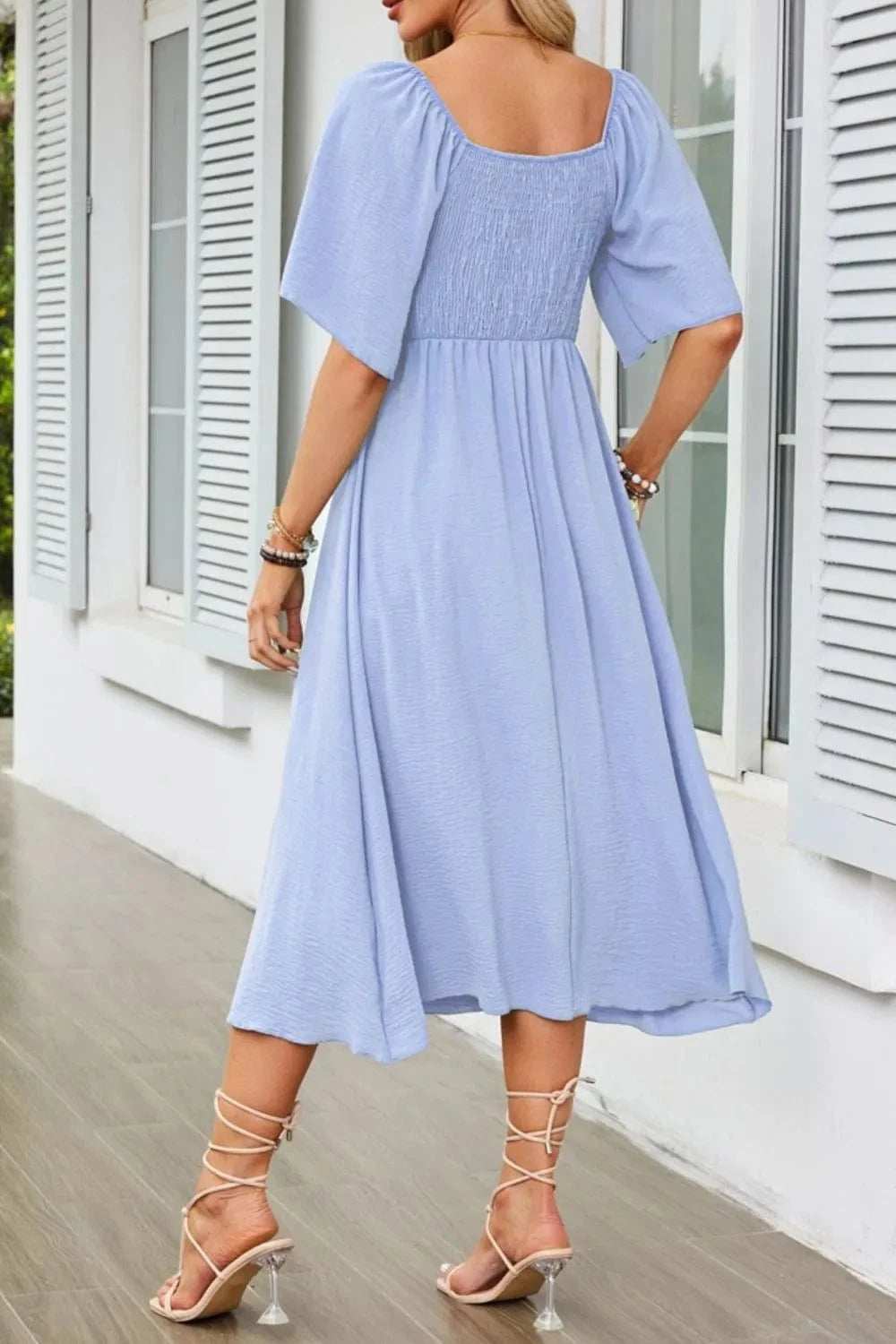 Smocked Tie Front Flutter Sleeve Midi Dress - Trendsi - Flyclothing LLC