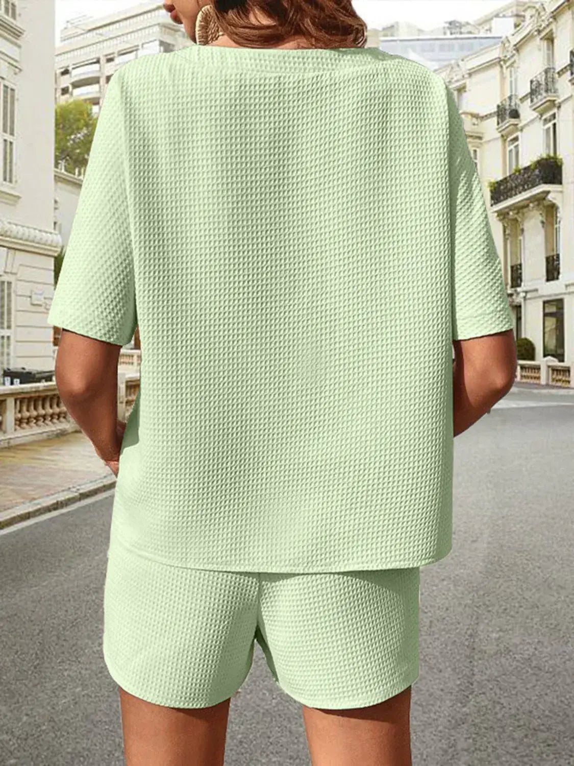 Waffle-Knit Half Sleeve Top and Shorts Set - Trendsi - Flyclothing LLC