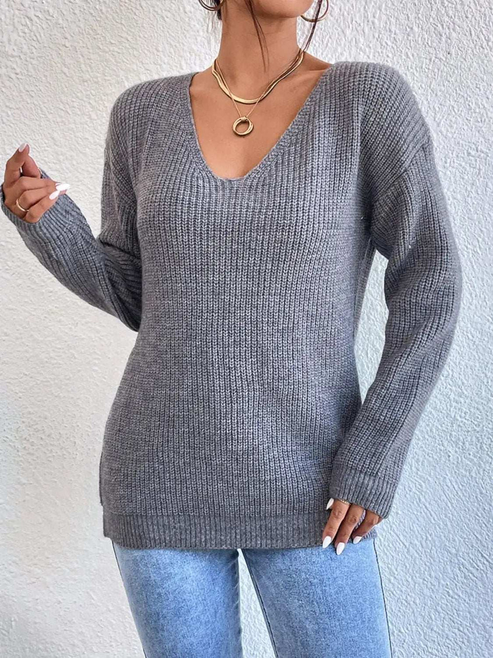 Crisscross V-Neck Long Sleeve Sweater - Trendsi - Flyclothing LLC
