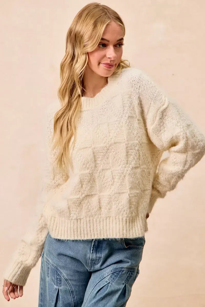 BiBi Checker Board Drop Shoulder Sweater - Trendsi - Flyclothing LLC