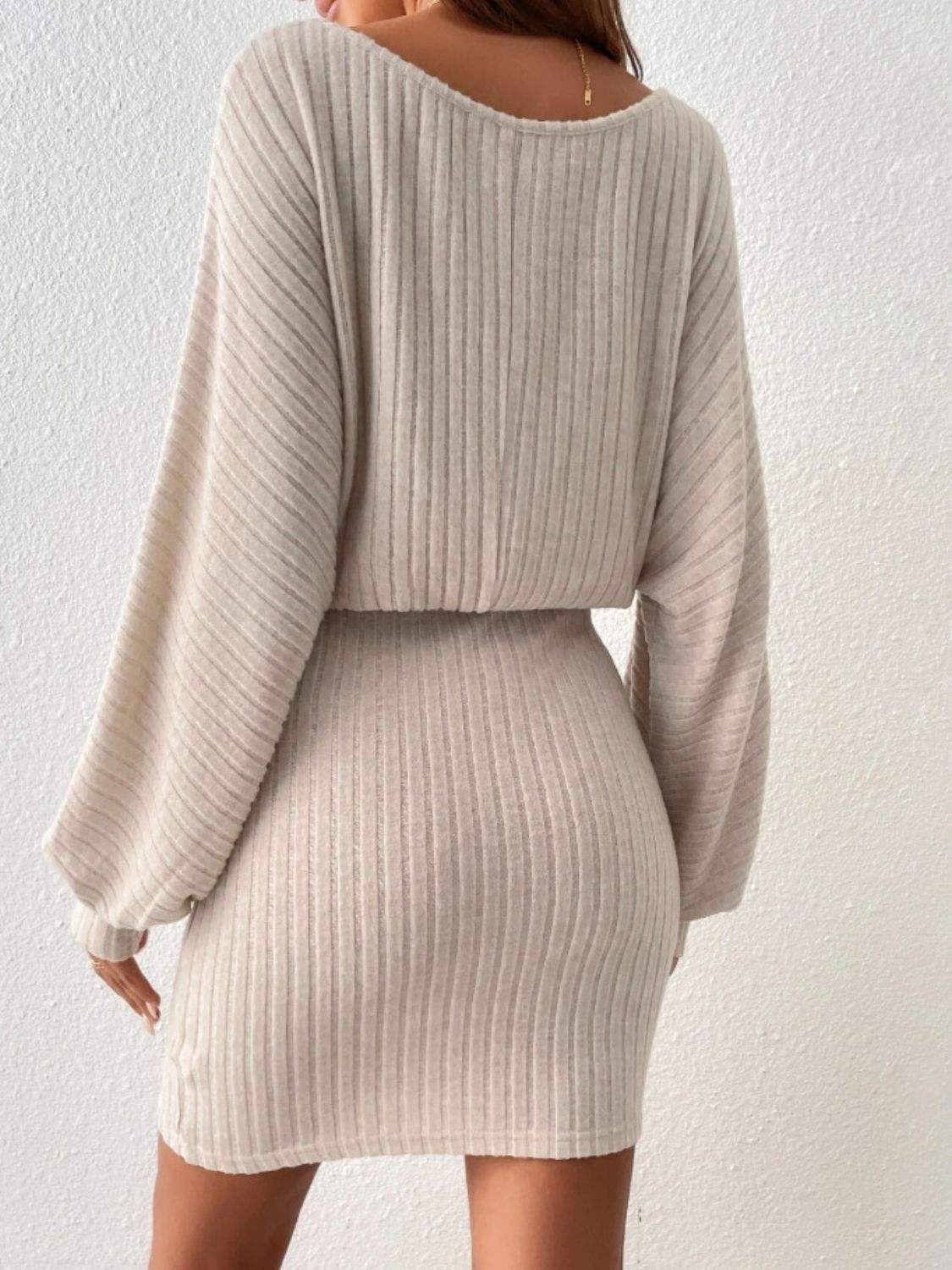 Round Neck Tie Waist Long Sleeve Mini Dress - Trendsi - Flyclothing LLC