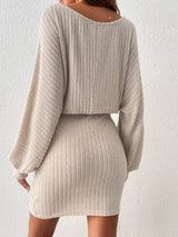 Round Neck Tie Waist Long Sleeve Mini Dress - Trendsi - Flyclothing LLC