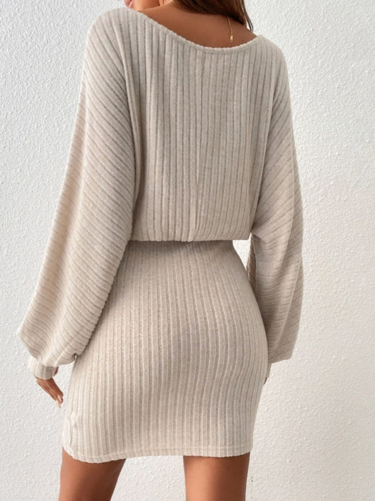 Round Neck Tie Waist Long Sleeve Mini Dress - Trendsi