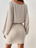 Round Neck Tie Waist Long Sleeve Mini Dress - Trendsi - Flyclothing LLC