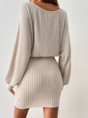 Round Neck Tie Waist Long Sleeve Mini Dress - Trendsi