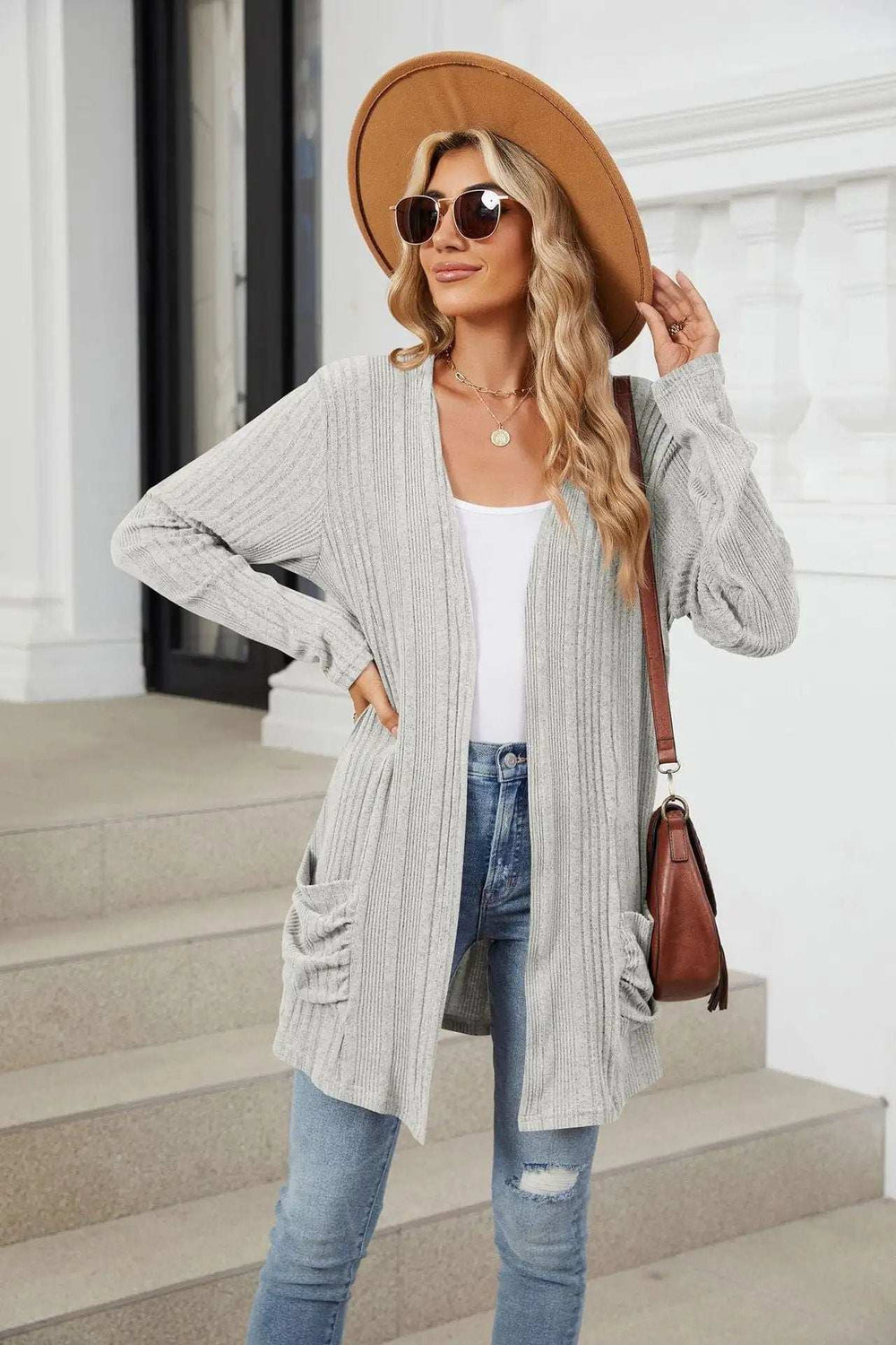 Pocketed Open Front Long Sleeve Cardigan - Trendsi - Flyclothing LLC
