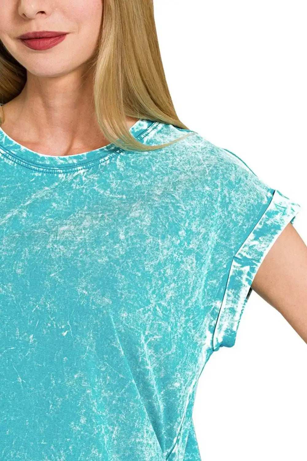 Zenana Crinkle Washed Round Neck Folded Short Sleeve Tee - Trendsi - Flyclothing LLC