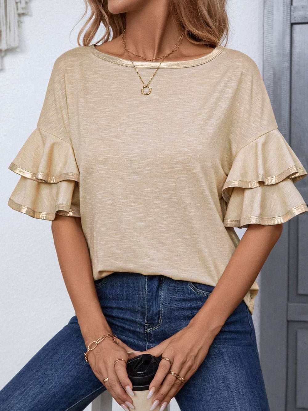 Round Neck Flounce Sleeve T-Shirt - Trendsi - Flyclothing LLC