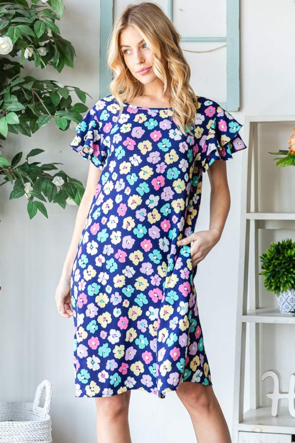 Heimish Full Size Floral Ruffled Short Sleeve Dress with Pockets - Trendsi - Flyclothing LLC