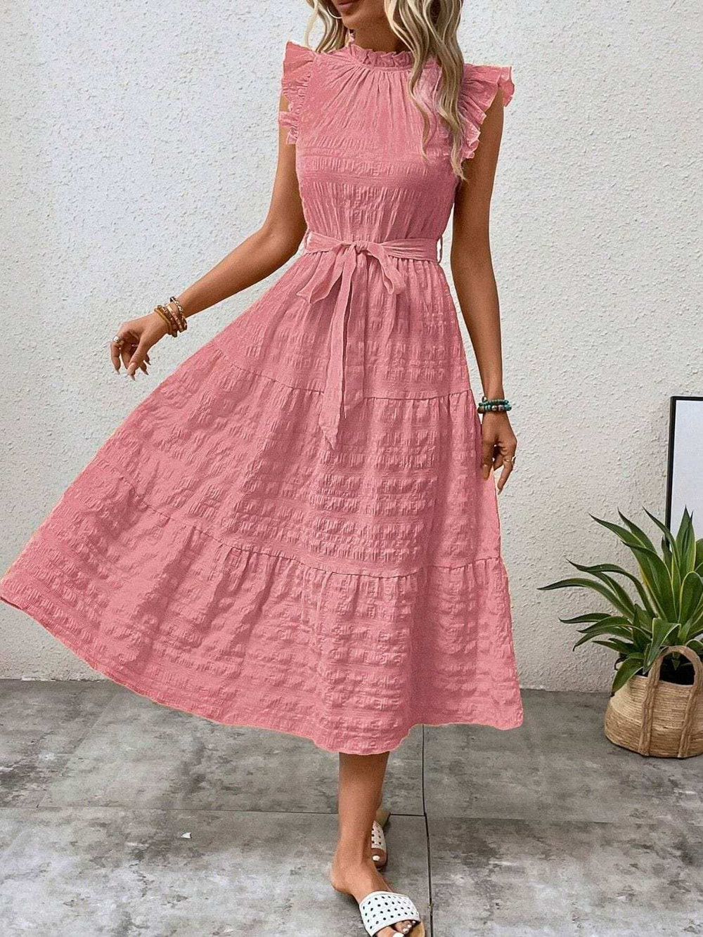 Tied Ruffled Cap Sleeve Midi Dress - Trendsi - Flyclothing LLC