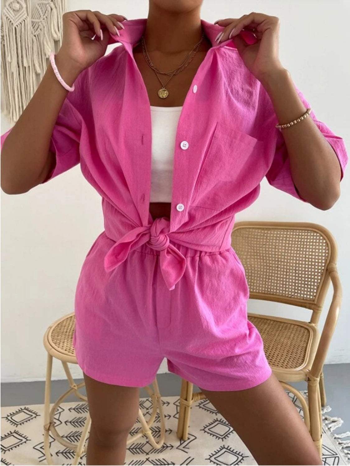 Button Up Short Sleeve Shirt and Shorts Set - Trendsi - Flyclothing LLC