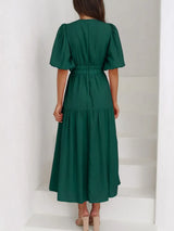 V-Neck Puff Sleeve Midi Dress - Trendsi - Flyclothing LLC