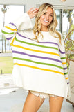 BiBi Ribbed Hem Mardi Gras Stripe Sweater - Trendsi - Flyclothing LLC